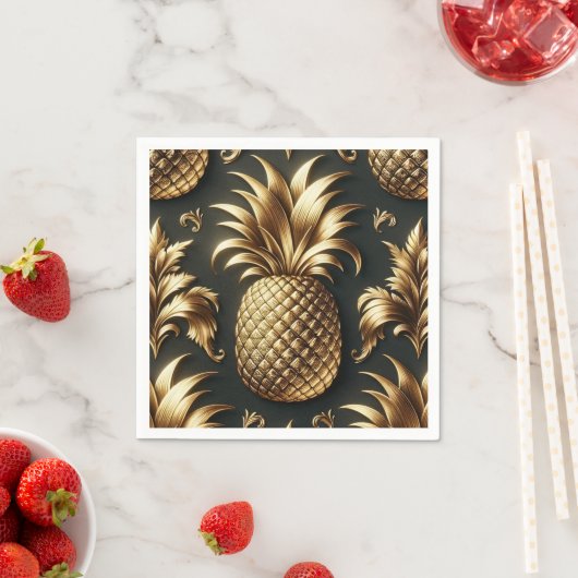 Serviette En Papier Ananas Tropical Noir & Or Luxueux Mariage (En situation)