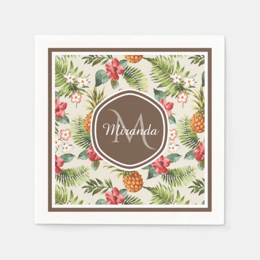 Serviette En Papier Ananas tropicale exotique Floral Monogramme Brown (Devant)