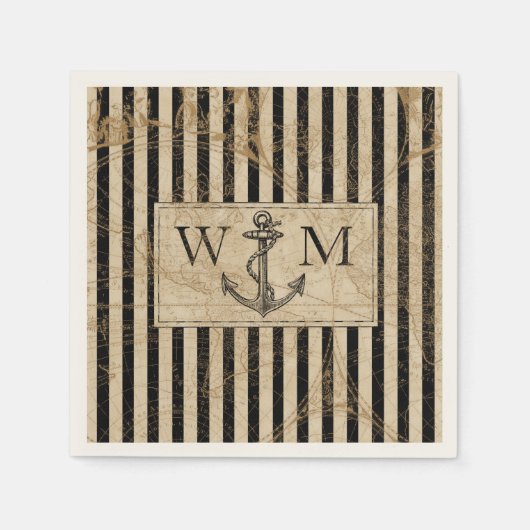Serviette En Papier Ancien Monde Carte Ancre nautique Monogramme (Devant)