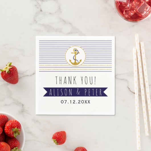 Serviette En Papier Ancrage or & rayures mariage nautique Merci (En situation)