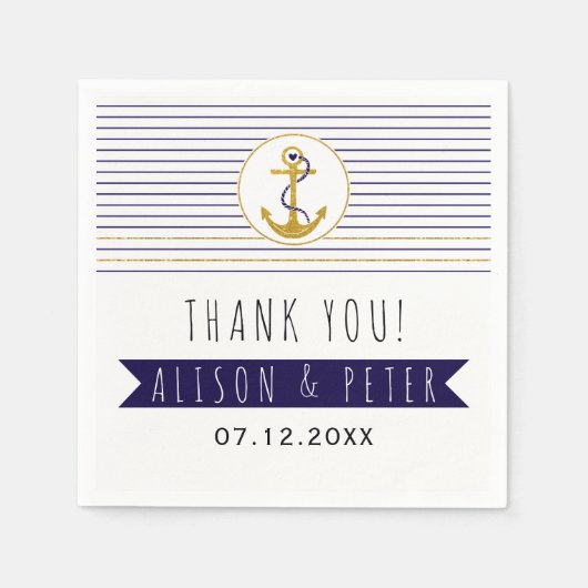 Serviette En Papier Ancrage or & rayures mariage nautique Merci (Devant)