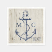Serviette En Papier Ancre blanche marine Monogramme en bois rustique (Devant)