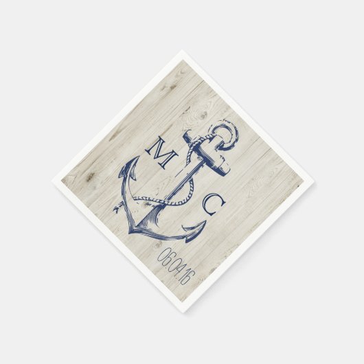 Serviette En Papier Ancre blanche marine Monogramme en bois rustique (Coin)