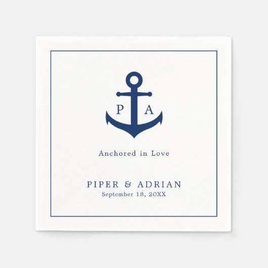 Serviette En Papier Ancre bleu marine Monogramme Mariage nautique (Devant)