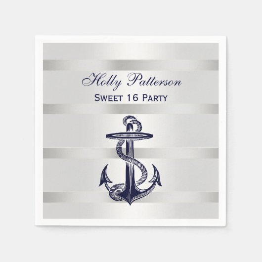 Serviette En Papier Ancre bleue marine Nautique Argent Wt BG V Sweet 1 (Devant)