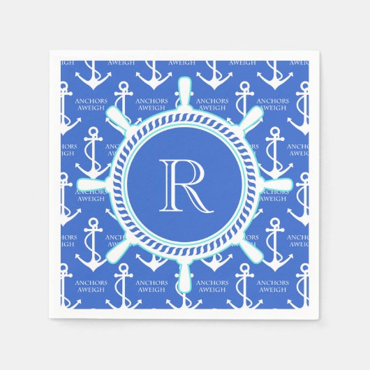 Serviette En Papier Ancre bleue Monogramme nautique côtier (Devant)