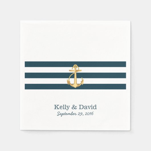 Serviette En Papier Ancre d'or Bleu de la marine Bleus rayures Mariage (Devant)