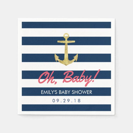 Serviette En Papier Ancre d'or nautique Baby shower Blue Stripes Marin (Devant)