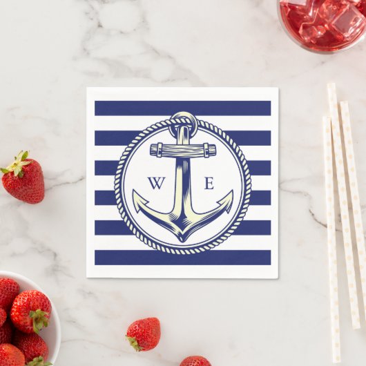 Serviette En Papier Ancre nautique Bleu marine Rayures (En situation)