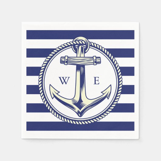 Serviette En Papier Ancre nautique Bleu marine Rayures (Devant)
