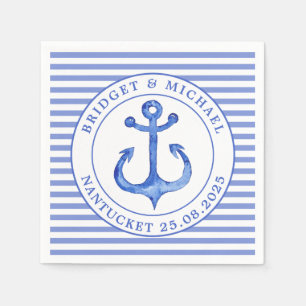 Serviette En Papier Ancre nautique Bleu rayé Mariage personnalisé
