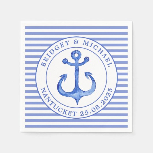 Serviette En Papier Ancre nautique Bleu rayé Mariage personnalisé (Devant)
