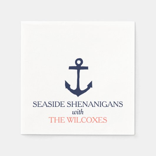 Serviette En Papier Ancre nautique Custom Marine Bleu/Coral (Devant)