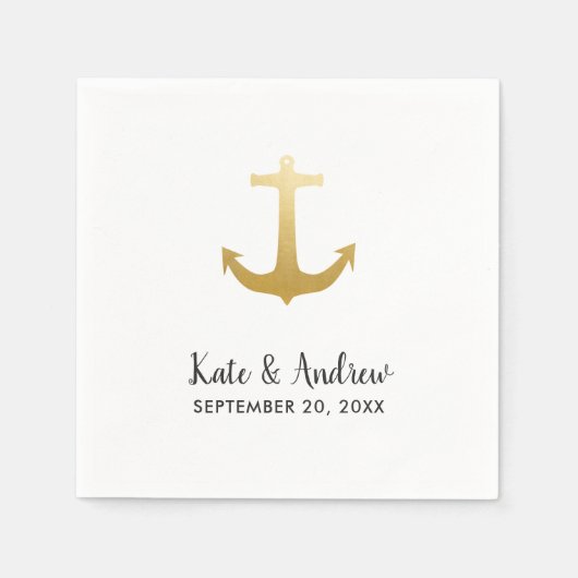 Serviette En Papier Ancre Nautique Faux Gold Foil | Mariage Océan (Devant)