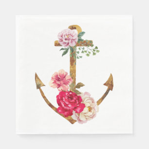 Serviette En Papier Ancre nautique Fleurs roses Fête Vintage