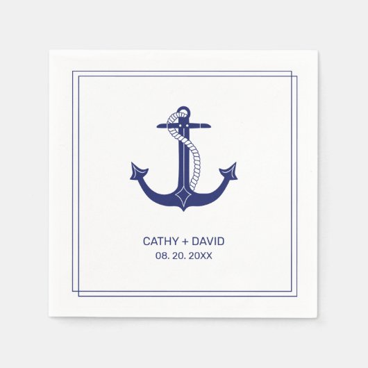 Serviette En Papier Ancre nautique Marine Blue Monogram Noms Mariage (Devant)