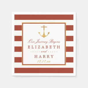 Serviette En Papier Ancre or nautique, brique rouge et Mariage or