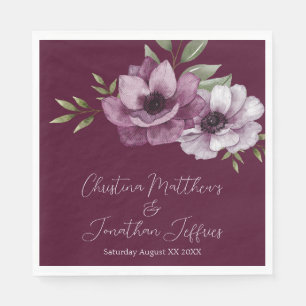 Serviette En Papier Anémones romantiques aquarelle sur Merlot