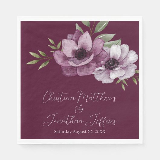 Serviette En Papier Anémones romantiques aquarelle sur Merlot (Devant)