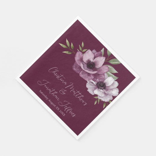 Serviette En Papier Anémones romantiques aquarelle sur Merlot (Coin)