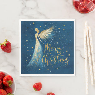 Serviette En Papier Ange de Noël doré sur fond marine étoilé