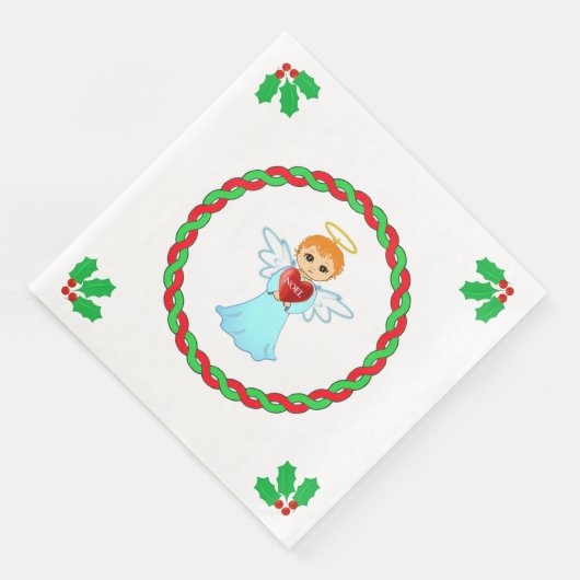 Serviette En Papier Ange de Noël & feuilles saints sur blanc (Coin)