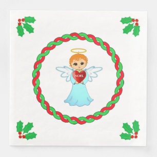 Serviette En Papier Ange de Noël & feuilles saints sur blanc