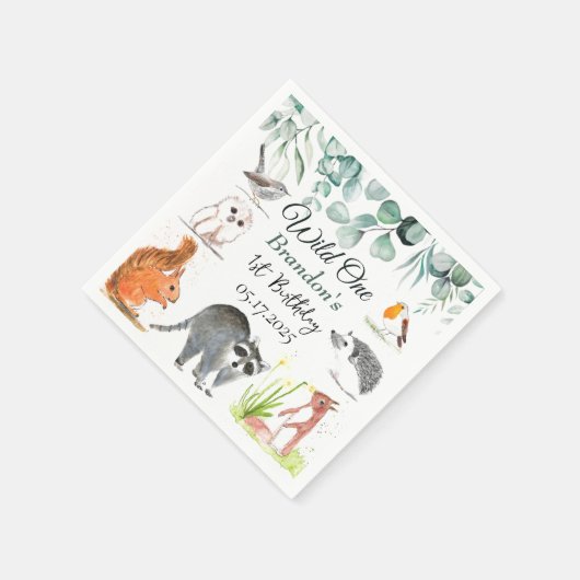 Serviette En Papier Animaux boisés mignons 1er Anniversaire sauvage un (Coin)