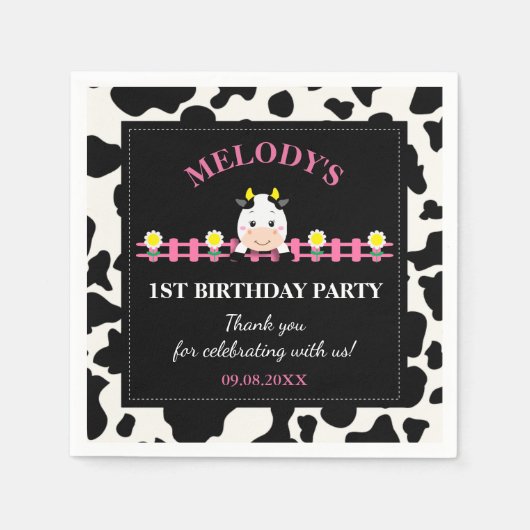 Serviette En Papier Animaux de ferme Vache rose Barnyard 1er anniversa (Devant)