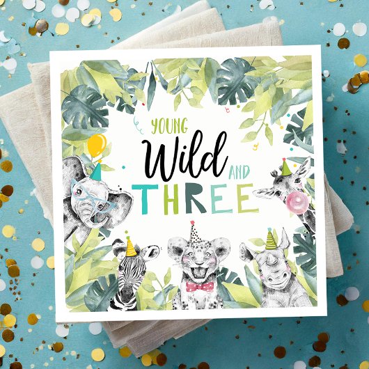 Serviette En Papier Animaux de fête Safari Jeune sauvage et trois Anni