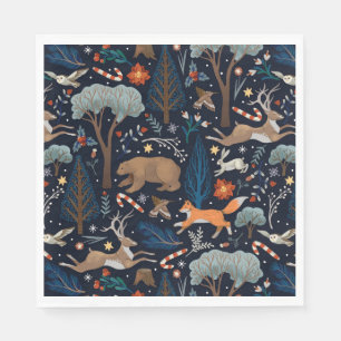 Serviette En Papier Animaux de la forêt aquarelle rustique Arbres Noël