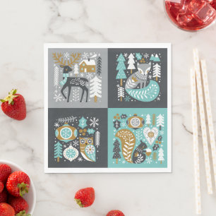 Serviette En Papier Animaux de la forêt Flocons de neige Noël scandina