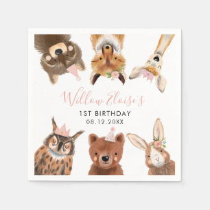 Serviette En Papier Animaux des bois fête d'anniversaire rose