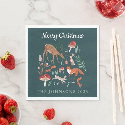 Serviette En Papier Animaux des bois Noël vert (En situation)