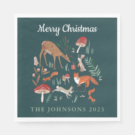Serviette En Papier Animaux des bois Noël vert (Devant)