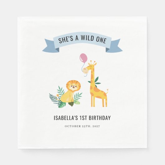 Serviette En Papier Animaux forestiers Lion Giraffe 1er anniversaire (Devant)