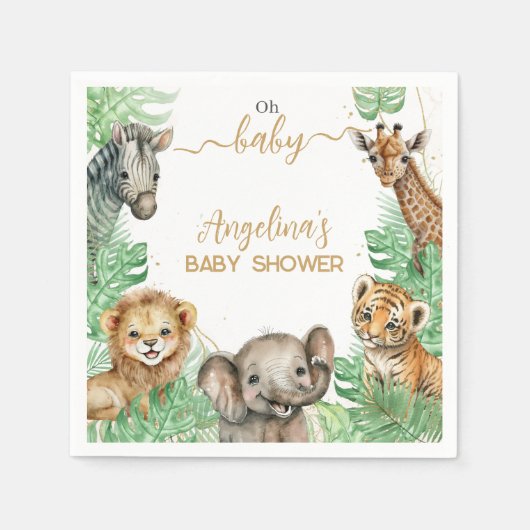 Serviette En Papier Animaux Safari Baby shower de verdure tropicale (Devant)