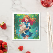 Serviette En Papier Anime fille aux cheveux gingembre avec son lapin (En situation)