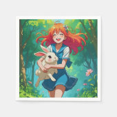 Serviette En Papier Anime fille aux cheveux gingembre avec son lapin (Devant)