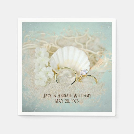 Serviette En Papier Anneaux et coquillages mariages dans le sable (Devant)