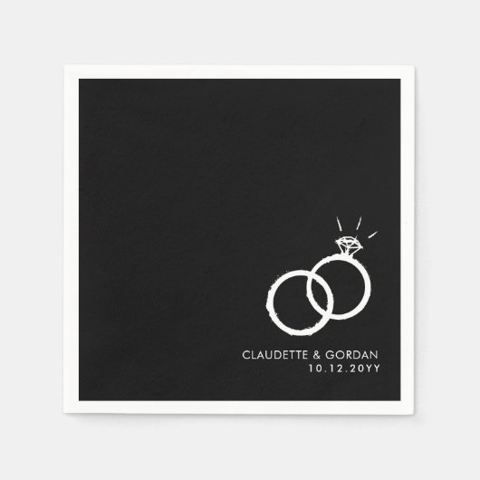 Serviette En Papier Anneaux fiançailles | Partie d'engagement Noir (Devant)