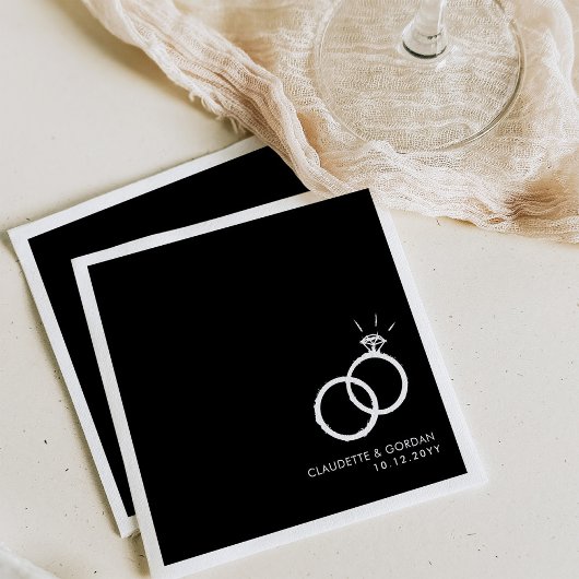 Serviette En Papier Anneaux fiançailles | Partie d'engagement Noir