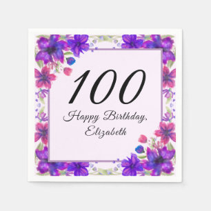 Serviette En Papier Anniversaire 100 ans Fleurs Élégantes Violettes 