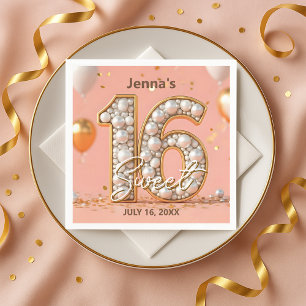 Serviette En Papier Anniversaire 16 Ans Rose Pâle Perle Or Stylé 