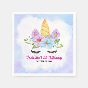 Serviette En Papier Anniversaire 1ère année Licorne Magique Floral Aqu