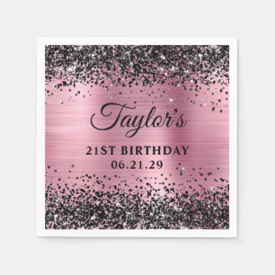 Serviette En Papier Anniversaire 21 ans paillettes noires et feuille d