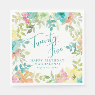 Serviette En Papier Anniversaire 25 ans Eté Floral Aquarelle Personnal