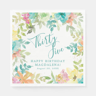 Serviette En Papier Anniversaire 35 ans Eté Aquarelle Floral Personnal