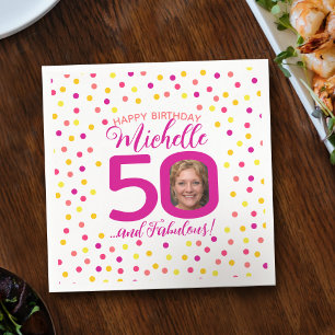 Serviette En Papier anniversaire 50 ans confettis rose jaune photo col