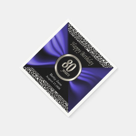 Serviette En Papier Anniversaire 80 ans | Leopard - bleu pourpre - Per (Coin)